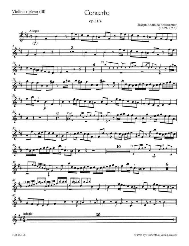 Joseph Bodin  de Boismortier: Concerto fuer 2 Soloinstrumente (Flöte, Violine - Flöte, Oboe - 2 Flöten), 3 Violinen und Basso continuo