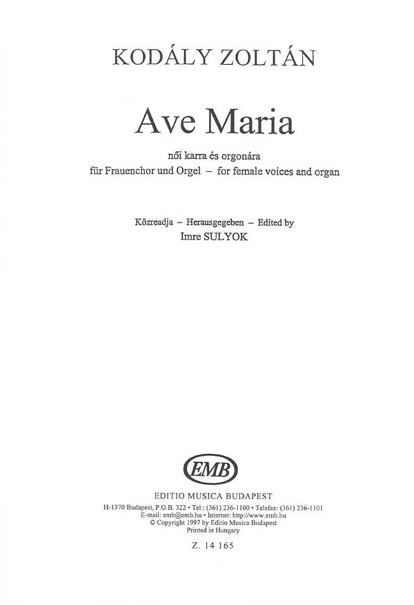 Kodály: Ave Maria (for female voices and organ)