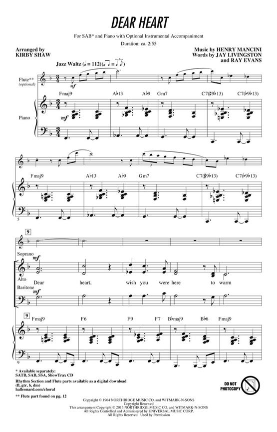 Henry Mancini: Dear Heart (SAB)