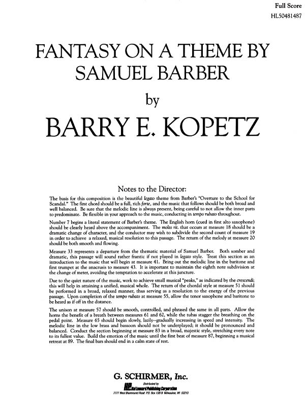 Barry E. Kopetz: Fantasy on a Theme by Samuel Barber