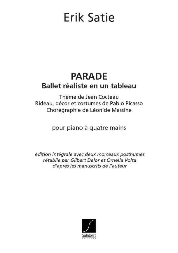 Erik Satie: Parade Piano 4 Mains Reduction Nouvelle Edition